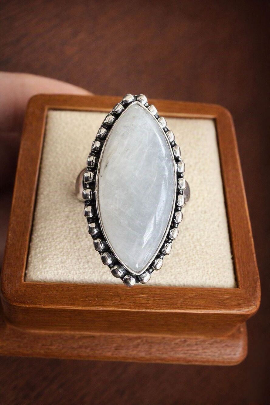 Stunning Rainbow Moonstone Ring Large Marquise Cabochon Silver Size 8 New